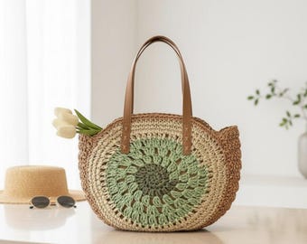 Women’s Large Woven Beach Tote Bag, Round Straw Shoulder Handbag, Summer Vacation Purse, Zipper Tote, Resort Bag