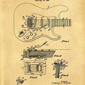Puede incluir: Ilustraci&oacute;n de patente de un dispositivo de tr&eacute;molo para instrumentos de cuerda, presentada en 1954 por C.L. Fender. El dibujo muestra diagramas detallados del dispositivo, incluyendo un contorno de guitarra y vistas de componentes. El n&uacute;mero de patente es 2.741.146.