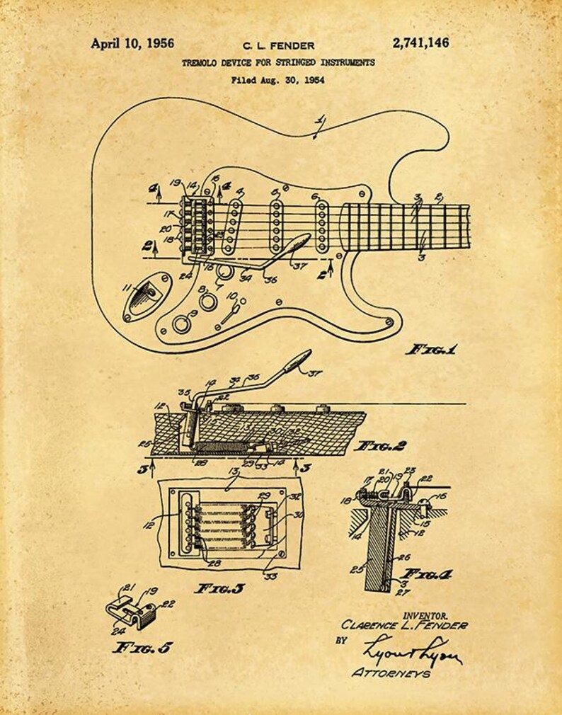 Puede incluir: Ilustraci&oacute;n de patente de un dispositivo de tr&eacute;molo para instrumentos de cuerda, presentada en 1954 por C.L. Fender. El dibujo muestra diagramas detallados del dispositivo, incluyendo un contorno de guitarra y vistas de componentes. El n&uacute;mero de patente es 2.741.146.