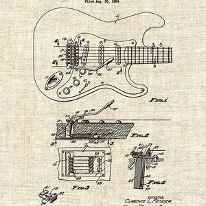 Puede incluir: Ilustraci&oacute;n de patente vintage de un dispositivo de tr&eacute;molo para instrumentos de cuerda, con fecha del 10 de abril de 1956. El dibujo en blanco y negro representa una guitarra con diagramas detallados de sus componentes internos, incluido el sistema de tr&eacute;molo. El inventor es Clarence L. Fender.