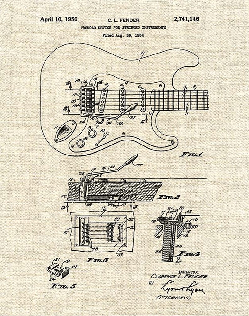 Puede incluir: Ilustraci&oacute;n de patente vintage de un dispositivo de tr&eacute;molo para instrumentos de cuerda, con fecha del 10 de abril de 1956. El dibujo en blanco y negro representa una guitarra con diagramas detallados de sus componentes internos, incluido el sistema de tr&eacute;molo. El inventor es Clarence L. Fender.