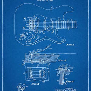 Puede incluir: Plano de un dispositivo de tr&eacute;molo para guitarra, fechado el 10 de abril de 1956, por C.L. Fender. El dise&ntilde;o incluye diagramas detallados de los componentes, con texto y figuras sobre un fondo azul.