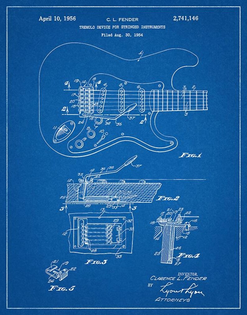 Puede incluir: Plano de un dispositivo de tr&eacute;molo para guitarra, fechado el 10 de abril de 1956, por C.L. Fender. El dise&ntilde;o incluye diagramas detallados de los componentes, con texto y figuras sobre un fondo azul.