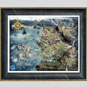 May include: A framed map of a fantasy world, featuring detailed illustrations of mountains, seas, and islands. The map includes a compass rose and the text "Northern Realms". The frame is dark green with gold trim.