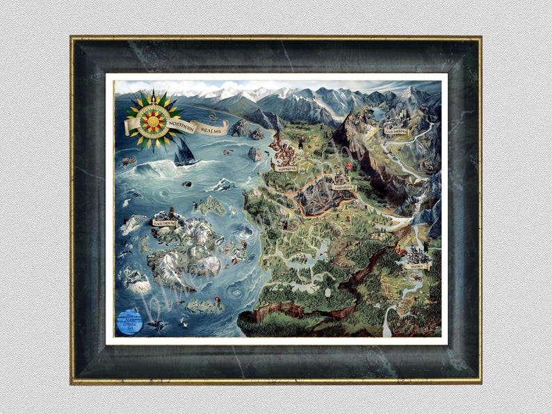 May include: A framed map of a fantasy world, featuring detailed illustrations of mountains, seas, and islands. The map includes a compass rose and the text "Northern Realms". The frame is dark green with gold trim.