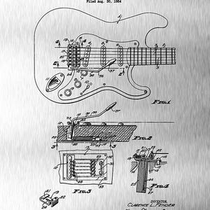 Puede incluir: Ilustraci&oacute;n de patente de un dispositivo de tr&eacute;molo para instrumentos de cuerda, presentada el 30 de agosto de 1954 por C.L. Fender. El diagrama en blanco y negro muestra una guitarra con vistas detalladas de sus componentes, incluido el sistema de tr&eacute;molo.