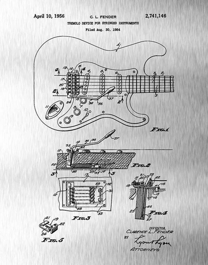 Puede incluir: Ilustraci&oacute;n de patente de un dispositivo de tr&eacute;molo para instrumentos de cuerda, presentada el 30 de agosto de 1954 por C.L. Fender. El diagrama en blanco y negro muestra una guitarra con vistas detalladas de sus componentes, incluido el sistema de tr&eacute;molo.