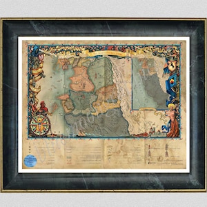 May include: Framed vintage map print with a detailed, colorful illustration. The map features landmasses in shades of tan, pink, and green, with blue oceans and decorative borders. The frame is black with a gold inner edge.