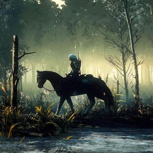 May include: A digital illustration of a person riding a black horse through a misty forest. The rider is wearing dark armor and has white hair. The scene is set in a swampy area with tall trees and dense foliage.