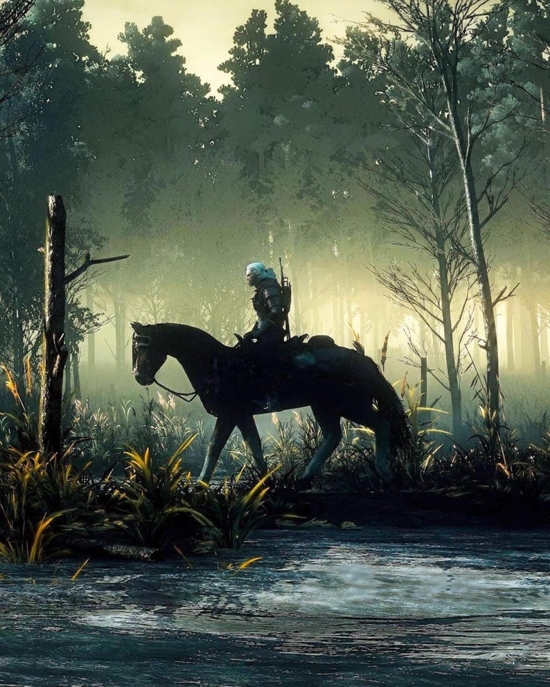 May include: A digital illustration of a person riding a black horse through a misty forest. The rider is wearing dark armor and has white hair. The scene is set in a swampy area with tall trees and dense foliage.