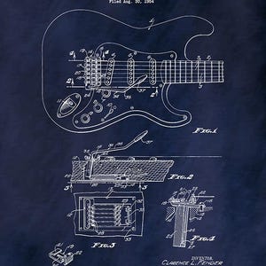 Puede incluir: Un plano antiguo de un dispositivo de tr&eacute;molo de guitarra para instrumentos de cuerda, con fecha del 10 de abril de 1956, por C.L. Fender. La ilustraci&oacute;n detallada muestra los componentes de la guitarra, incluido el brazo de tr&eacute;molo y el puente, sobre un fondo azul oscuro.