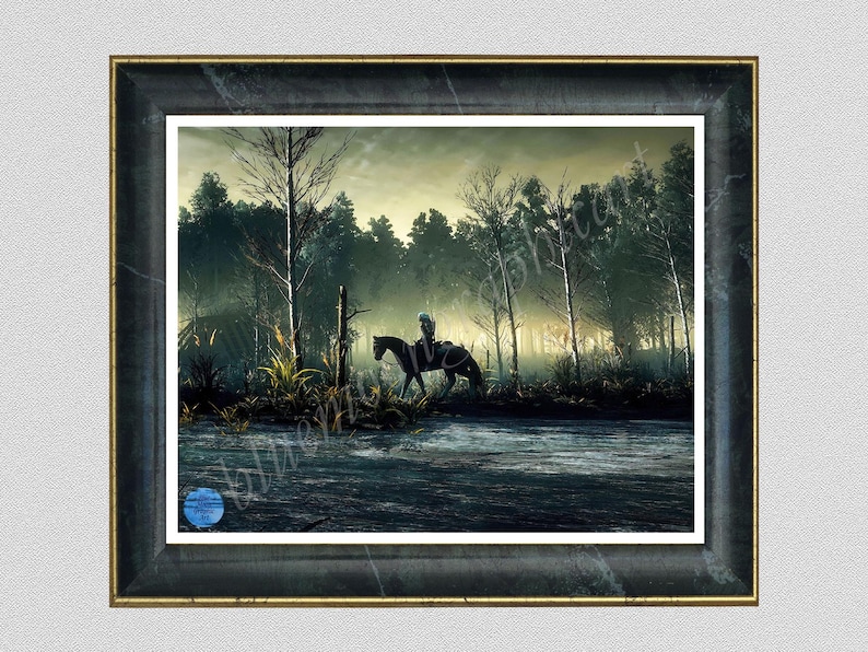 May include: A framed print depicting a person riding a horse through a misty forest. The artwork features a dark color palette with a river in the foreground and trees in the background. The frame is black with gold trim.