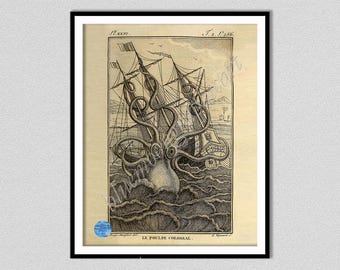 Póster del monstruo marino Kraken, lámina de pulpo de 1802, impresión giclée del Kraken, decoración náutica, arte del folclore nórdico, póster del pulpo mítico