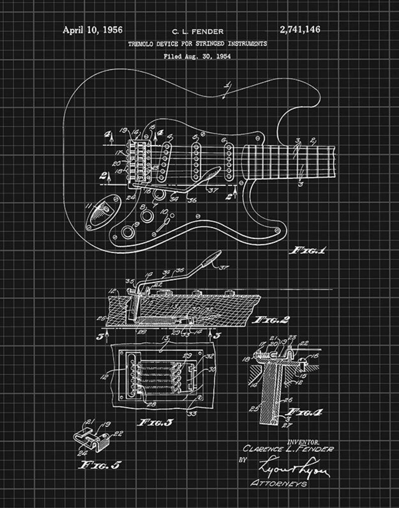 Puede incluir: Un plano en blanco y negro de una guitarra, etiquetado como "Tremolo Device for Stringed Instruments" por C.L. Fender, presentado en 1954. La imagen incluye diagramas detallados y dibujos t&eacute;cnicos de los componentes de la guitarra, con fechas e informaci&oacute;n de patentes.