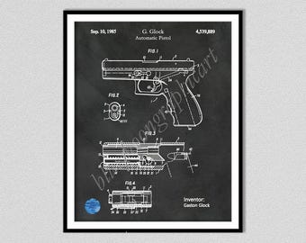 Lámina de patente de pistola Glock de 1985 - Póster de pistola Glock - Arma de fuego Glock - Arma militar - Pistola automática - Decoración de la NRA - Arte para coleccionistas de armas