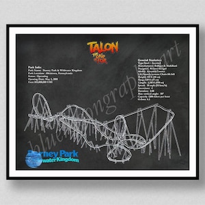 May include: A framed print featuring a white line drawing of the Talon roller coaster on a dark gray background. The text includes the name Talon: The Grip of Fear, park information for Dorney Park & Wildwater Kingdom, and general statistics.