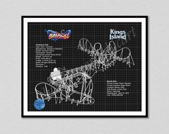 Banshee Roller Coaster Drawing, Kings Island Roller Coaster, Banshee Roller Coaster Blueprint, Thrill Rider Gift, Roller Coaster Decor