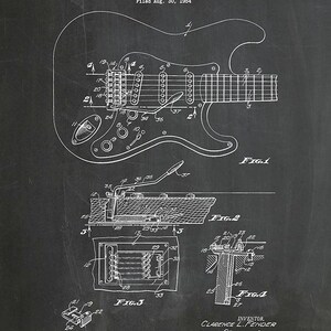 Puede incluir: Un plano antiguo de un dispositivo de tr&eacute;molo de guitarra, con fecha del 10 de abril de 1956, por C.L. Fender. La ilustraci&oacute;n en blanco y negro muestra diagramas detallados de los componentes del instrumento, incluido el sistema de tr&eacute;molo y las piezas internas.