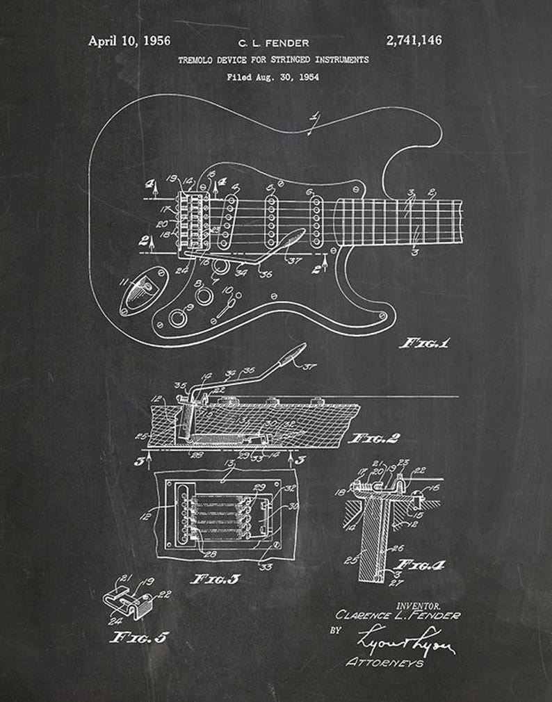 Puede incluir: Un plano antiguo de un dispositivo de tr&eacute;molo de guitarra, con fecha del 10 de abril de 1956, por C.L. Fender. La ilustraci&oacute;n en blanco y negro muestra diagramas detallados de los componentes del instrumento, incluido el sistema de tr&eacute;molo y las piezas internas.