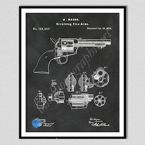 May include: A black and white patent print of W. Mason's Revolving Fire-Arms, patent number 158,957, dated 19 January 1875. The technical illustration features a side profile of a revolver and several detailed cross-section diagrams.