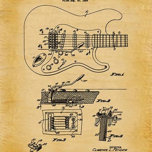 Puede incluir: Ilustraci&oacute;n de patente vintage de un dispositivo de tr&eacute;molo para instrumentos de cuerda, presentada en 1954 por C.L. Fender. El diagrama muestra esquemas detallados del dispositivo, incluyendo varios componentes y sus conexiones. El fondo tiene un tono sepia.