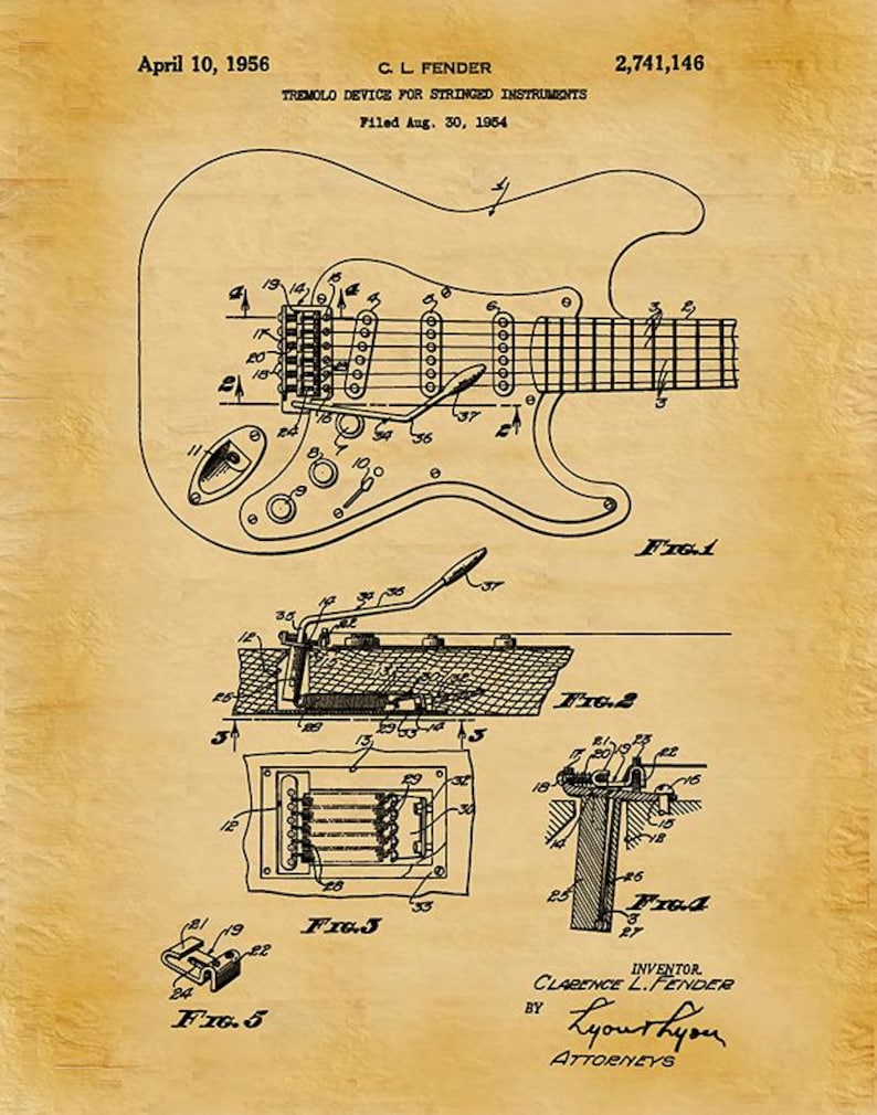 Puede incluir: Ilustraci&oacute;n de patente vintage de un dispositivo de tr&eacute;molo para instrumentos de cuerda, presentada en 1954 por C.L. Fender. El diagrama muestra esquemas detallados del dispositivo, incluyendo varios componentes y sus conexiones. El fondo tiene un tono sepia.