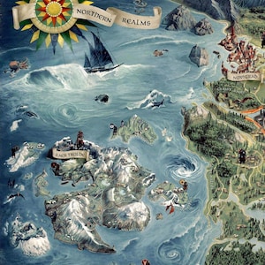 May include: A detailed map of the Northern Realms, featuring a compass rose, sailing ships, and various islands. The map is predominantly blue and green, with mountain ranges and detailed illustrations of settlements.