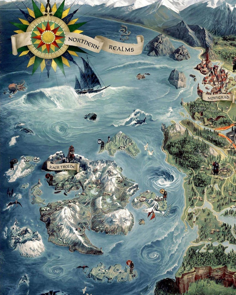 May include: A detailed map of the Northern Realms, featuring a compass rose, sailing ships, and various islands. The map is predominantly blue and green, with mountain ranges and detailed illustrations of settlements.