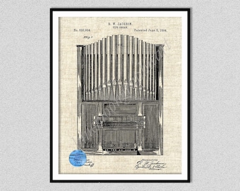 1894 Pipe Organ Patent Print  - Church Organ -  Church Decor - Music Room Art - Choir Organ - Pianist Gift - Organist Gift