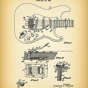 Puede incluir: Ilustraci&oacute;n de patente vintage de un dispositivo de tr&eacute;molo para instrumentos de cuerda, presentada en 1954 por C.L. Fender. El diagrama muestra esquemas detallados del dispositivo, incluidos varios componentes y sus conexiones. El dibujo est&aacute; en tinta negra sobre fondo beige.