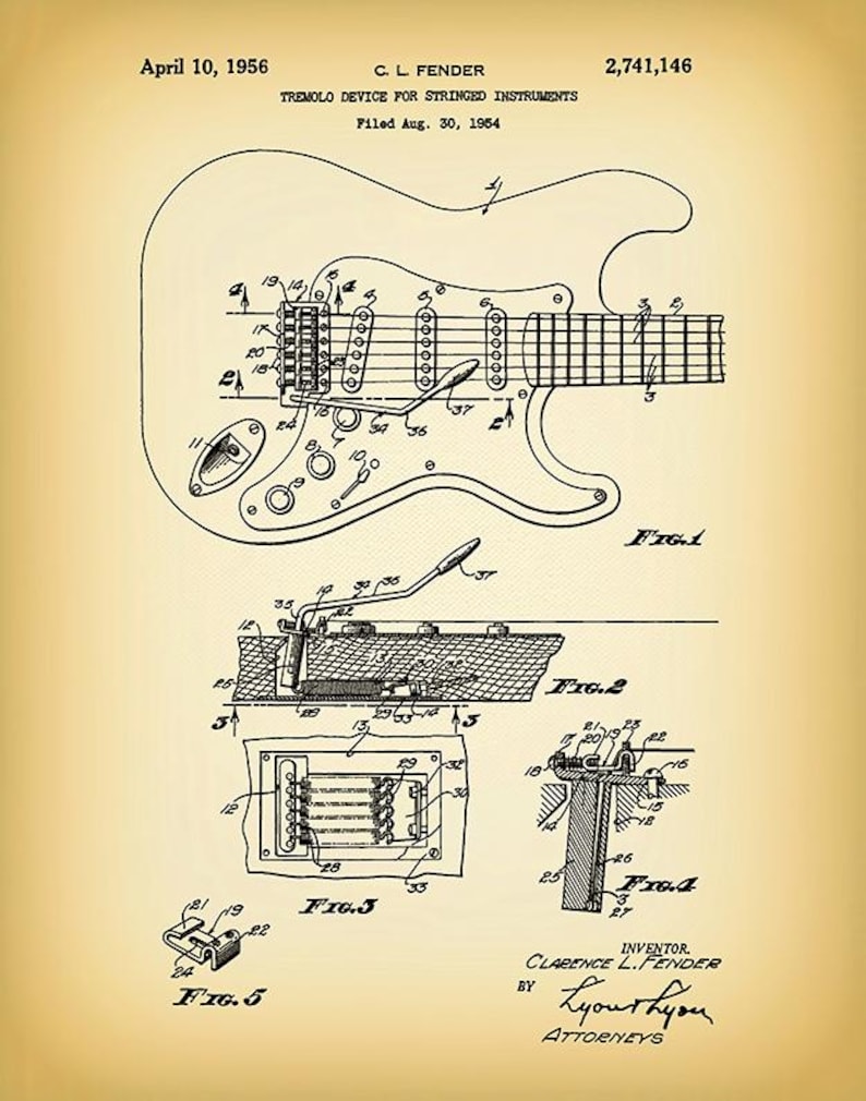 Puede incluir: Ilustraci&oacute;n de patente vintage de un dispositivo de tr&eacute;molo para instrumentos de cuerda, presentada en 1954 por C.L. Fender. El diagrama muestra esquemas detallados del dispositivo, incluidos varios componentes y sus conexiones. El dibujo est&aacute; en tinta negra sobre fondo beige.
