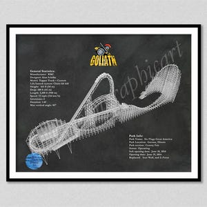 May include: A framed print featuring a white wireframe illustration of the Goliath roller coaster on a dark gray background. The text includes General Statistics and Park Info, detailing the 165 ft height, 180 ft drop, and 3,100 ft length.