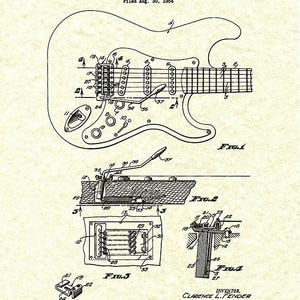 Puede incluir: Ilustraci&oacute;n de patente vintage de un dispositivo de tr&eacute;molo para instrumentos de cuerda, con fecha del 10 de abril de 1956, por C.L. Fender. El diagrama muestra dibujos t&eacute;cnicos detallados del dispositivo, incluidos varios componentes y su disposici&oacute;n. El dibujo est&aacute; en tinta negra sobre fondo crema.