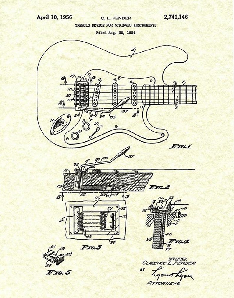 Puede incluir: Ilustraci&oacute;n de patente vintage de un dispositivo de tr&eacute;molo para instrumentos de cuerda, con fecha del 10 de abril de 1956, por C.L. Fender. El diagrama muestra dibujos t&eacute;cnicos detallados del dispositivo, incluidos varios componentes y su disposici&oacute;n. El dibujo est&aacute; en tinta negra sobre fondo crema.