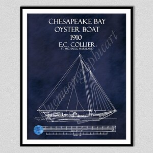 May include: A framed print featuring a white line drawing of the 1910 Chesapeake Bay oyster boat E.C. Collier from St. Michaels, Maryland. The design is set against a dark blue background and includes a scale ruler showing feet and inches.