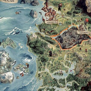 May include: A detailed map of a fantasy world, featuring coastal regions, mountains, forests, and towns. The map includes the text "REALMS", "NOVIGRAD", and "OXENFURT". The color palette is dominated by greens, blues, and browns, creating a vintage aesthetic.