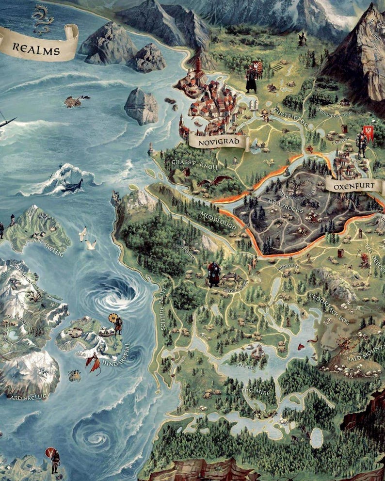 May include: A detailed map of a fantasy world, featuring coastal regions, mountains, forests, and towns. The map includes the text "REALMS", "NOVIGRAD", and "OXENFURT". The color palette is dominated by greens, blues, and browns, creating a vintage aesthetic.
