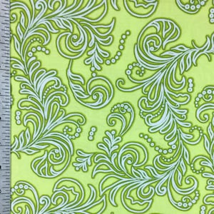 Garden Tea Party Cotton Fabric by the Yard: White & Green Swirl Print