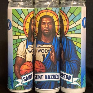 May include: Three glass candles with a colorful design. Each candle features a portrait of a person in a basketball jersey, with a halo and a basketball. The text "SAINT NAZREON" is printed on a banner at the bottom of each candle.