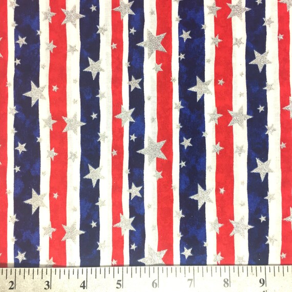 Fourth Of July Fabric By The Yard Silver Metallic Stars Etsy