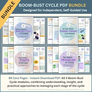Può includere: Un pacchetto di quattro moduli PDF, tra cui "Understanding the Boom-Bust Cycle of Fatigue" e "The Point Where Pushing Through Stops Working". Il testo recita "Progettato per un uso indipendente e autoguidato".
