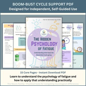 Peut inclure: Un document PDF numérique intitulé "La psychologie cachée de la fatigue". La couverture présente un cercle violet avec du texte et des illustrations. Le document est conçu pour une utilisation indépendante et autoguidée et comprend 15 pages.