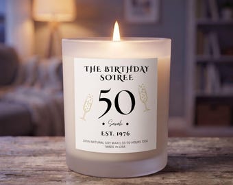 50th Birthday Gift for Woman, Personalized Candle, The Birthday Soiree, 1976 Est. Candle, Gold Champagne Flutes, Sarah's 50th, 11oz