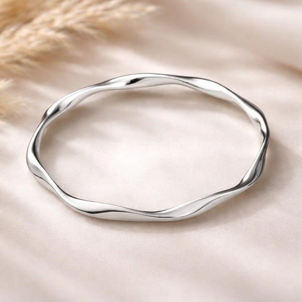 Sterling Silver Wavy Bangle, Organic Twisted Bracelet