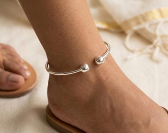 Sterling Silver Ball End Anklet Bangle, Minimalist Cuff Bracelet, Summer Foot Jewelry