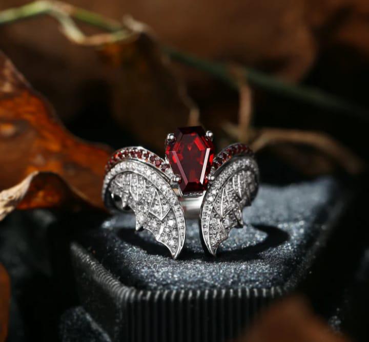 Gothic Bat Wing Ring | Coffin Garnet, Sterling Silver, Vampire Style ...