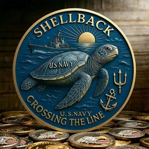 Peut inclure: Une pièce de monnaie ronde, bleue et dorée, avec l'inscription "SHELLBACK CROSSING THE LINE U.S. NAVY". Elle représente une tortue de mer, un navire, un soleil levant, une ancre et un trident.