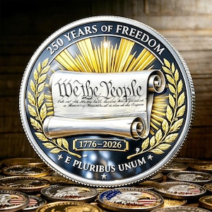 May include: A commemorative coin with a black and silver rim, featuring the text "250 YEARS OF FREEDOM." The coin's center displays a scroll with "We the People" and the years "1776-2026." The coin is surrounded by other coins.