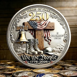Könnte beinhalten: Eine silberne Gedenkmünze, die 250 Jahre Freiheit feiert. Das Münzdesign zeigt ein Kreuz mit der amerikanischen Flagge, eine Glocke, Stiefel und einen Helm. Aufschriften lauten "250 Years of Freedom", "We the People" und "1776-2026".