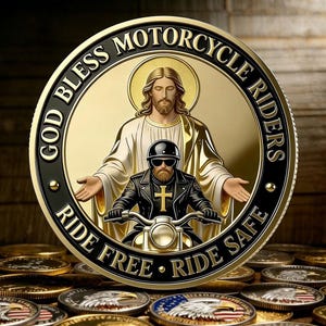 Może przedstawiać: Złota moneta przedstawiająca Jezusa i motocyklistę na motocyklu. Na obrzeżu monety widnieje napis "GOD BLESS MOTORCYCLE RIDERS" oraz "RIDE FREE RIDE SAFE".
